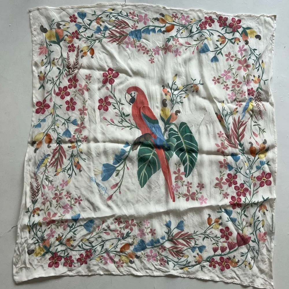 FARM Rio White Parrot Floral Silk Scarf with Red, Blue, Green Accents